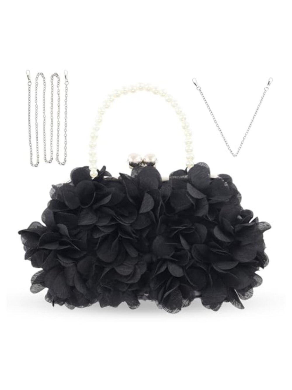 Satin Floral Applique Clutch Evening Handbag Wristlet with Chain Strap